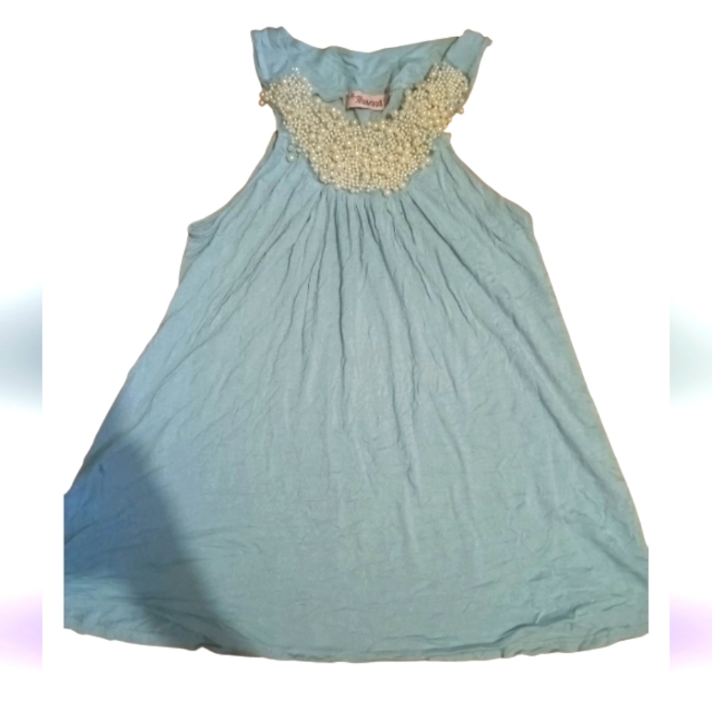 Rosebud Blue Flowy Tank Top w/Pearl Design